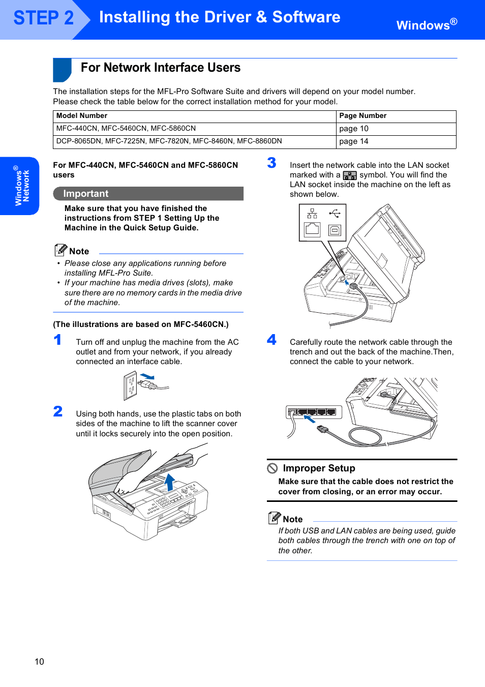 For network interface users, Step 2, Installing the driver & software | Windows, Important, Improper setup | Brother MFC-440CN User Manual | Page 12 / 23