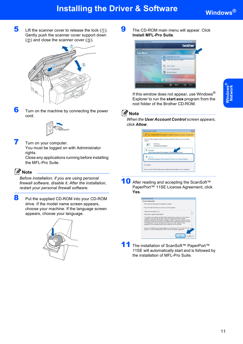 Installing the driver & software, Windows | Brother MFC-440CN User Manual | Page 13 / 23