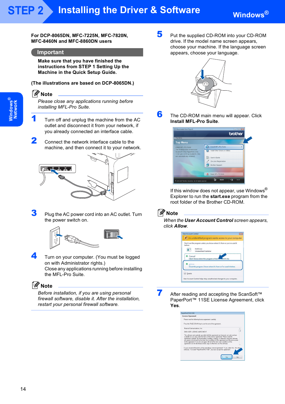 Step 2, Installing the driver & software, Windows | Brother MFC-440CN User Manual | Page 16 / 23