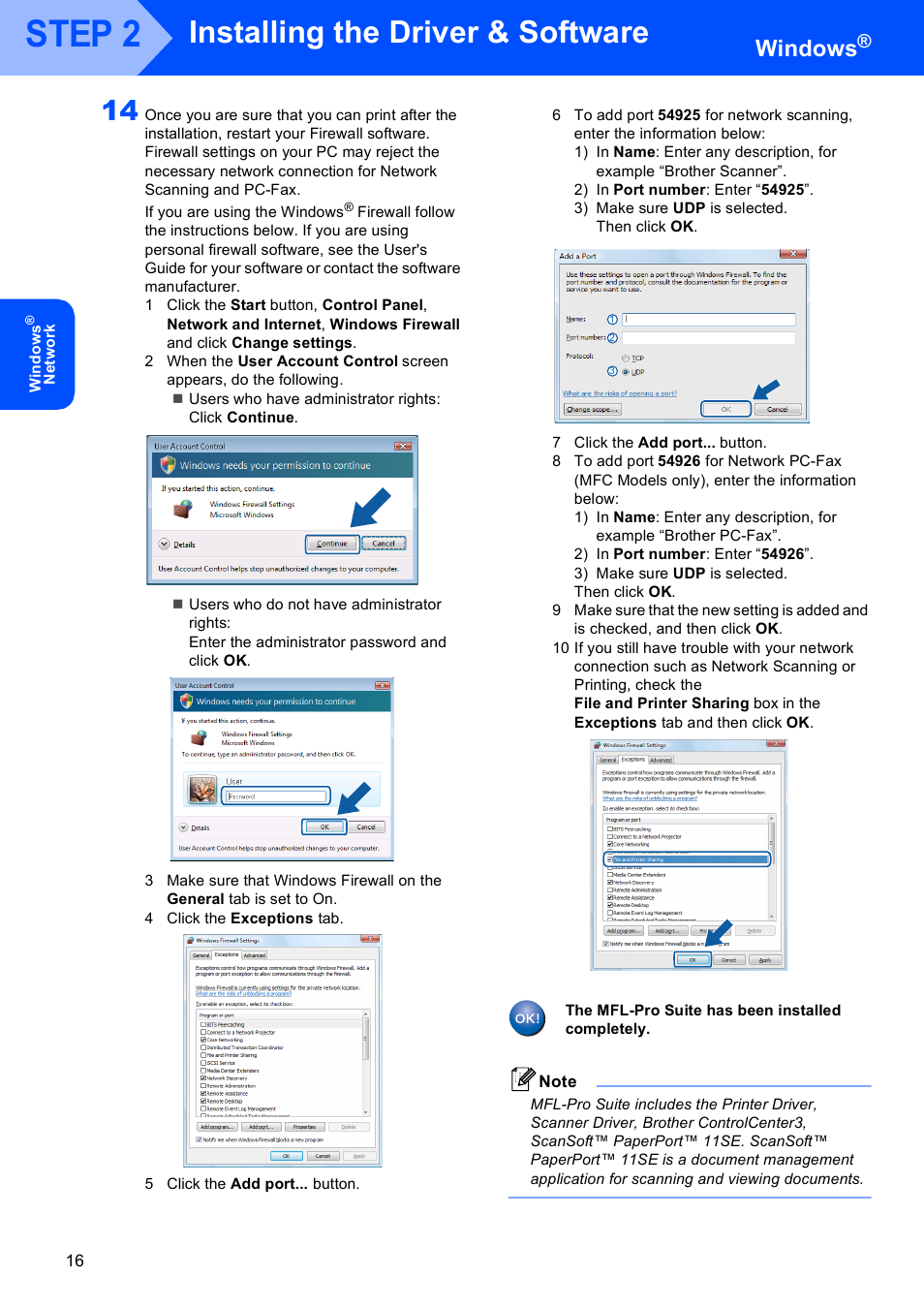 Step 2, Installing the driver & software, Windows | Brother MFC-440CN User Manual | Page 18 / 23