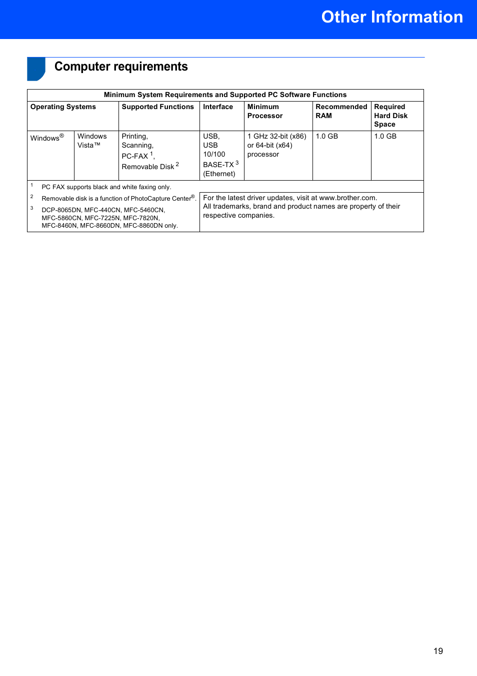 Computer requirements, Other information | Brother MFC-440CN User Manual | Page 21 / 23