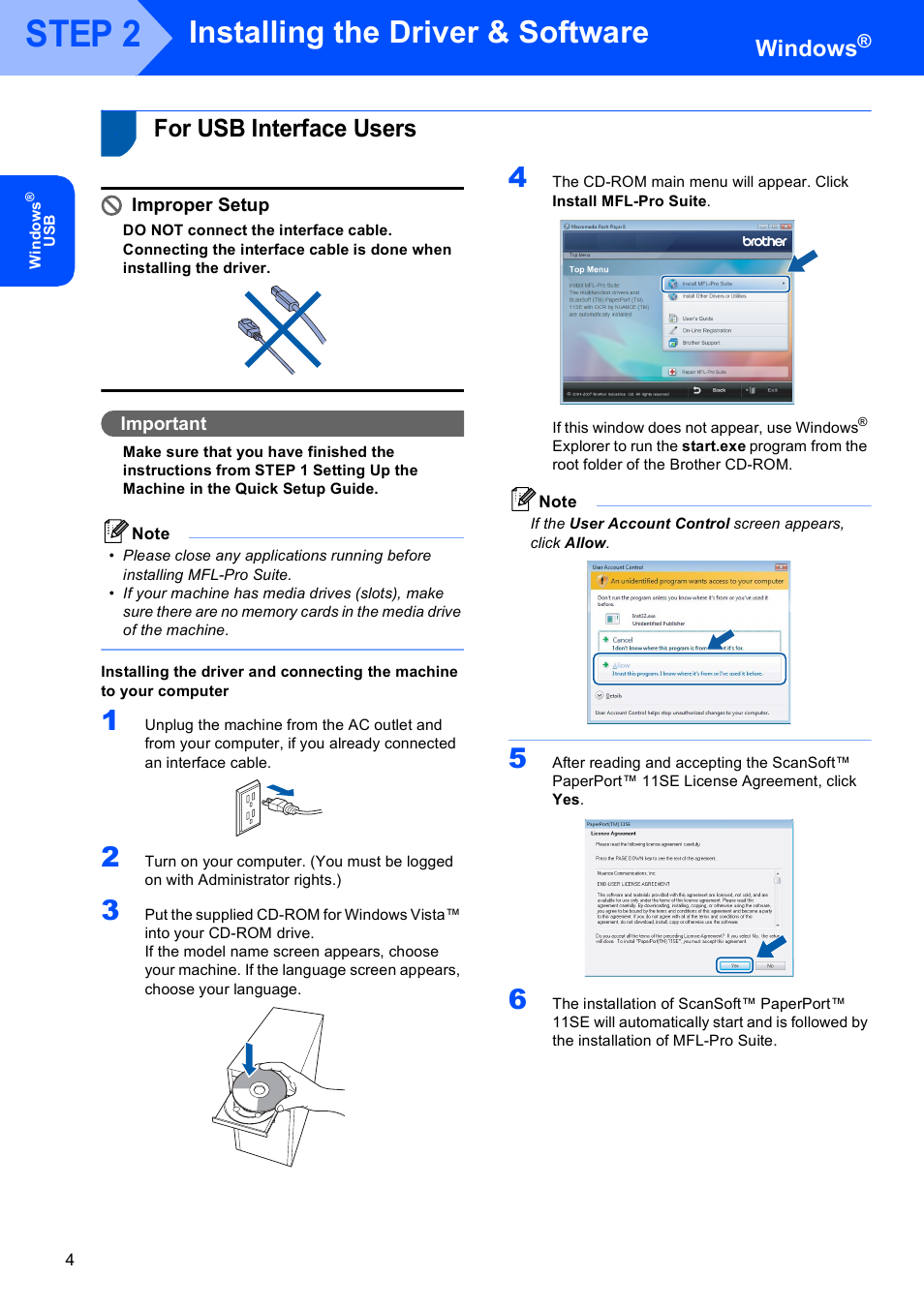 For usb interface users, Installing the driver & software, Step 2 | Windows, Improper setup, Important | Brother MFC-440CN User Manual | Page 6 / 23