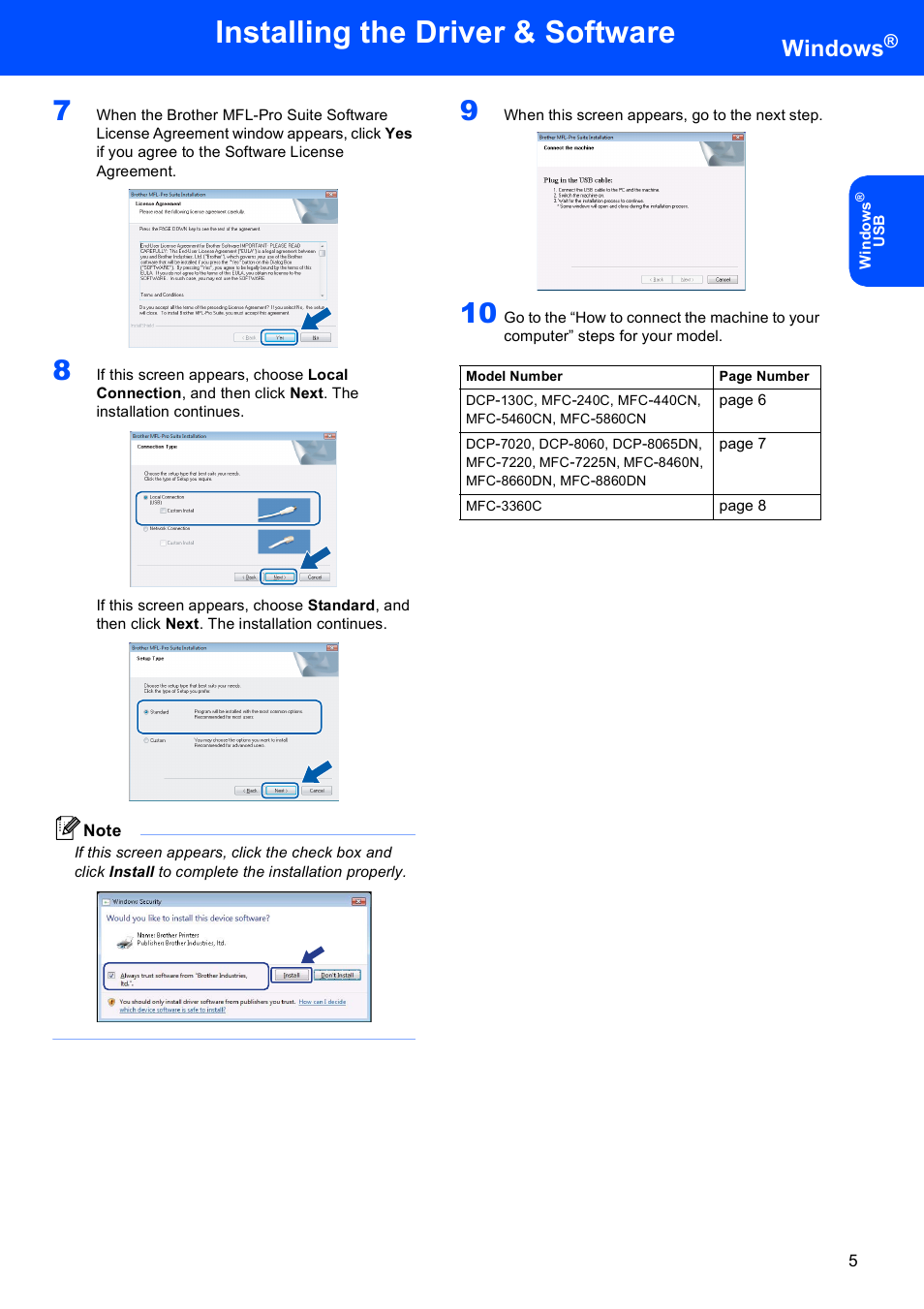 Installing the driver & software, Windows | Brother MFC-440CN User Manual | Page 7 / 23
