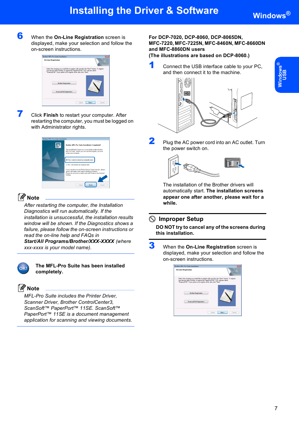 Installing the driver & software, Windows, Improper setup | Brother MFC-440CN User Manual | Page 9 / 23