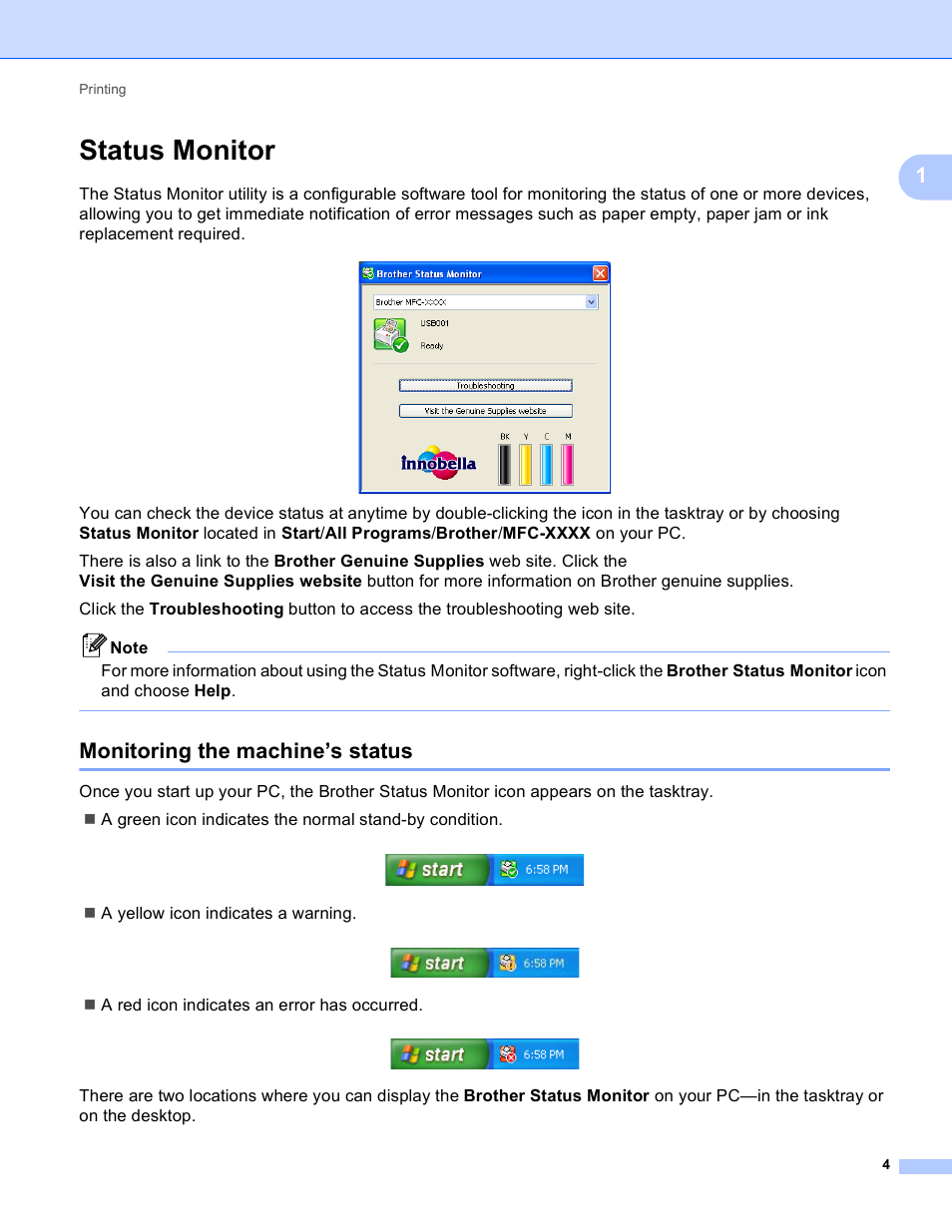 Status monitor, Monitoring the machine’s status | Brother MFC-J410W User Manual | Page 10 / 205