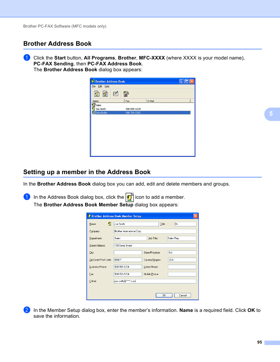Brother address book, Setting up a member in the address book, 5brother address book | Brother MFC-J410W User Manual | Page 101 / 205