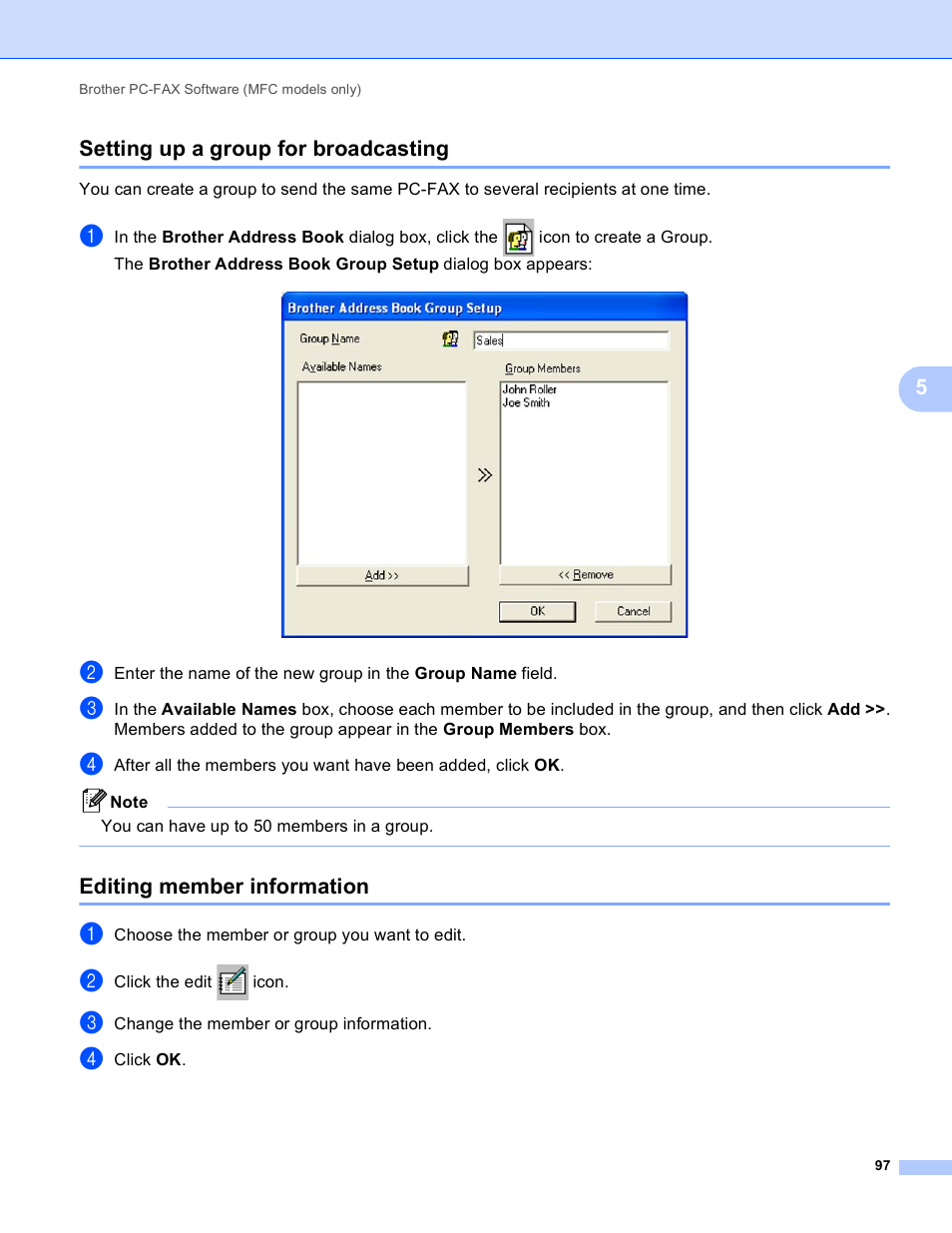 Setting up a group for broadcasting, Editing member information, 5setting up a group for broadcasting | Brother MFC-J410W User Manual | Page 103 / 205