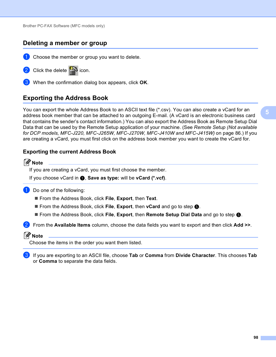 Deleting a member or group, Exporting the address book, Exporting the current address book | 5deleting a member or group | Brother MFC-J410W User Manual | Page 104 / 205