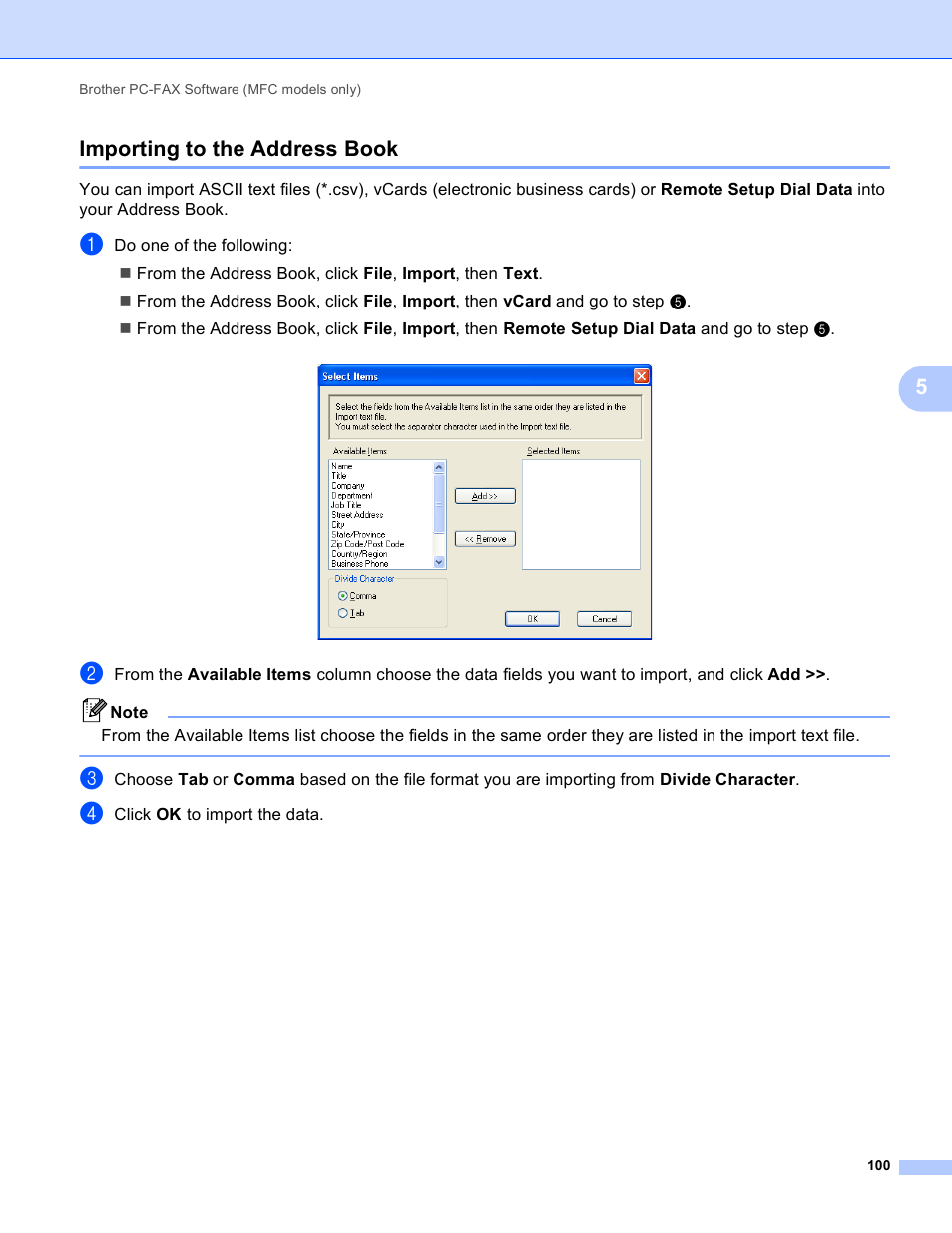 Importing to the address book, 5importing to the address book | Brother MFC-J410W User Manual | Page 106 / 205