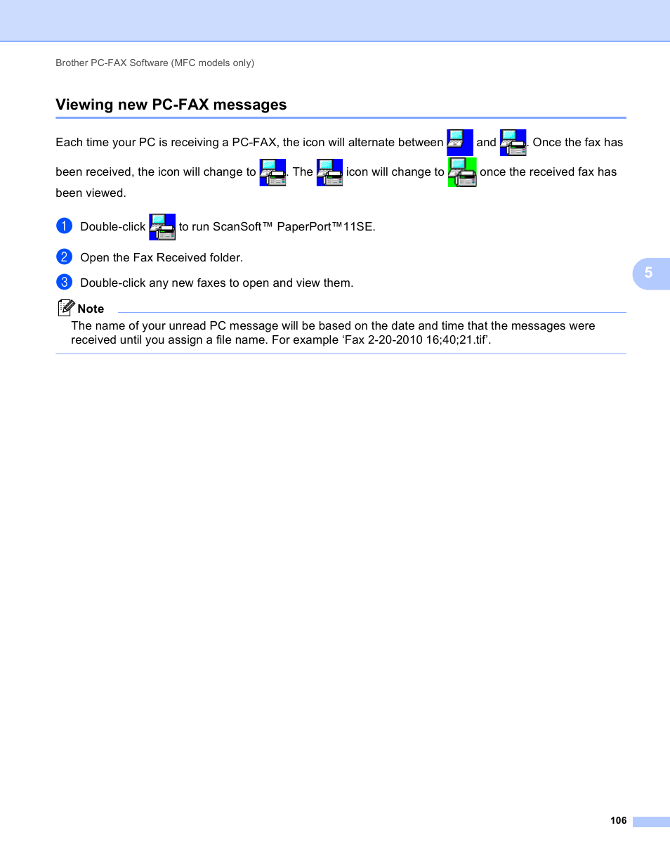 Viewing new pc-fax messages, 5viewing new pc-fax messages | Brother MFC-J410W User Manual | Page 112 / 205