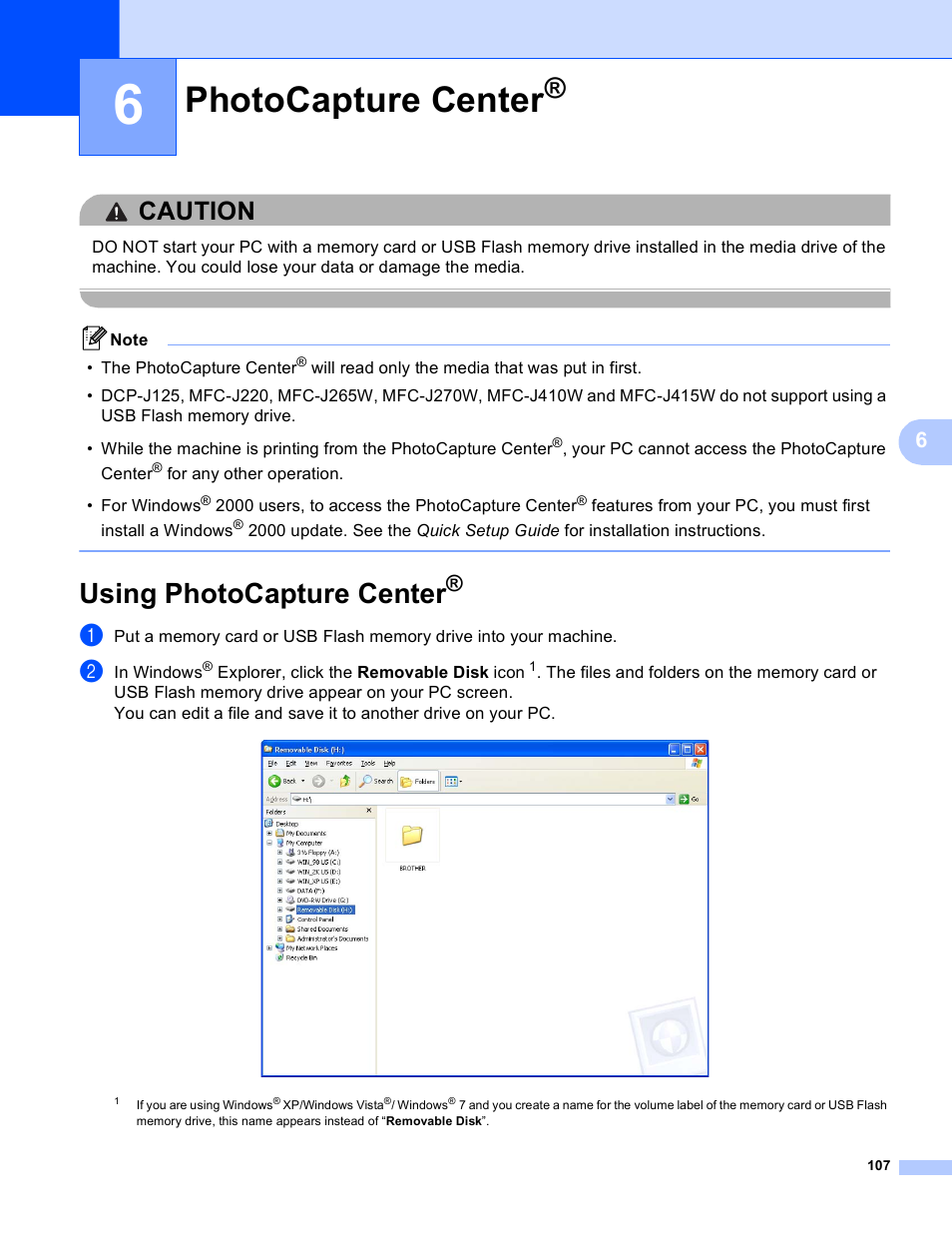 6 photocapture center, Using photocapture center, Photocapture center | Caution | Brother MFC-J410W User Manual | Page 113 / 205