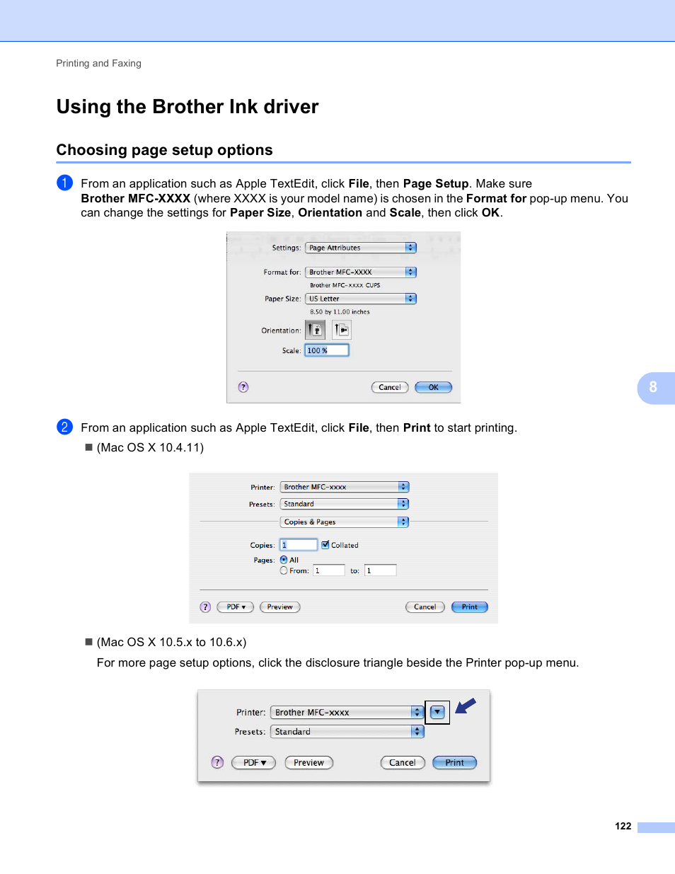 Using the brother ink driver, Choosing page setup options | Brother MFC-J410W User Manual | Page 128 / 205