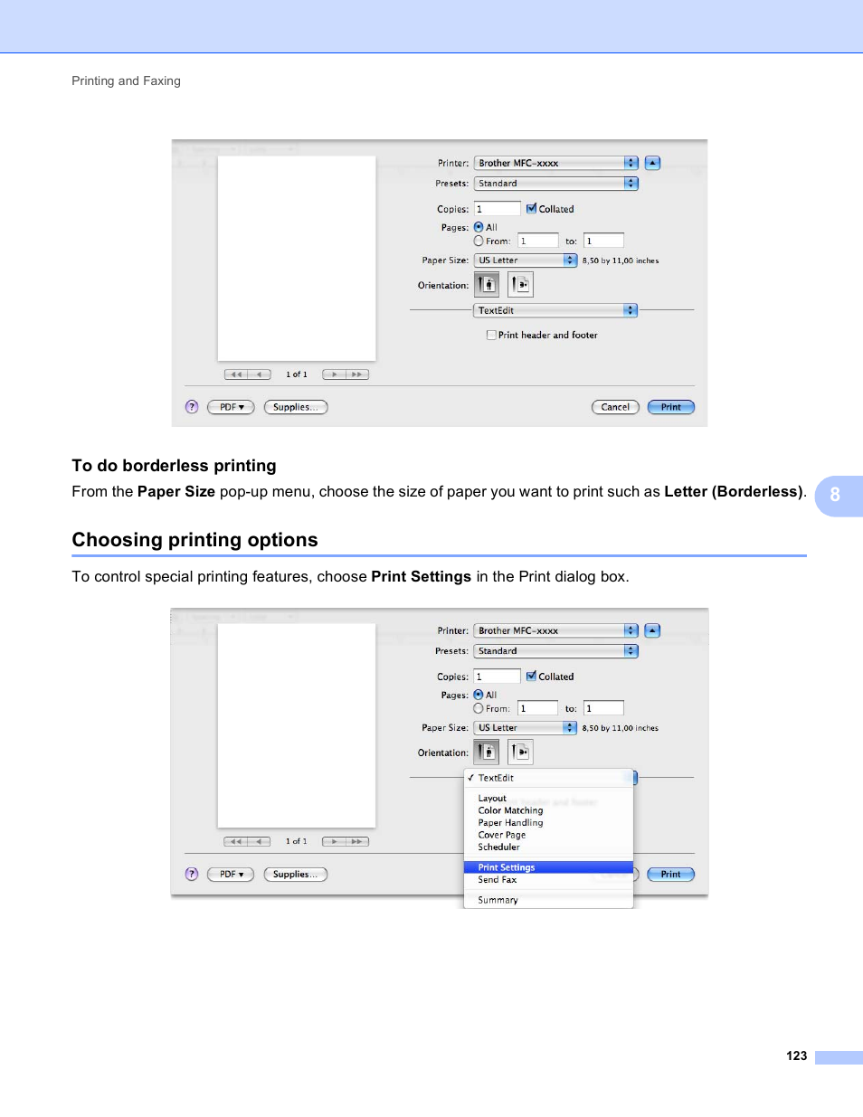 To do borderless printing, Choosing printing options | Brother MFC-J410W User Manual | Page 129 / 205