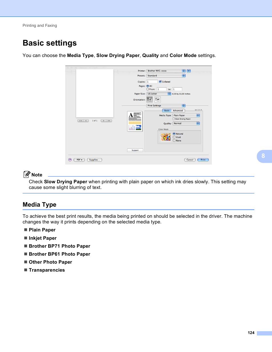 Basic settings, Media type | Brother MFC-J410W User Manual | Page 130 / 205
