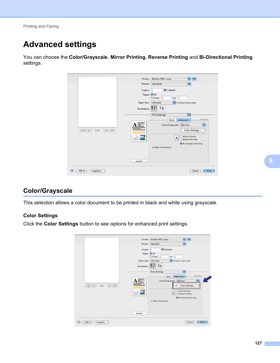 Advanced settings, Color/grayscale | Brother MFC-J410W User Manual | Page 133 / 205