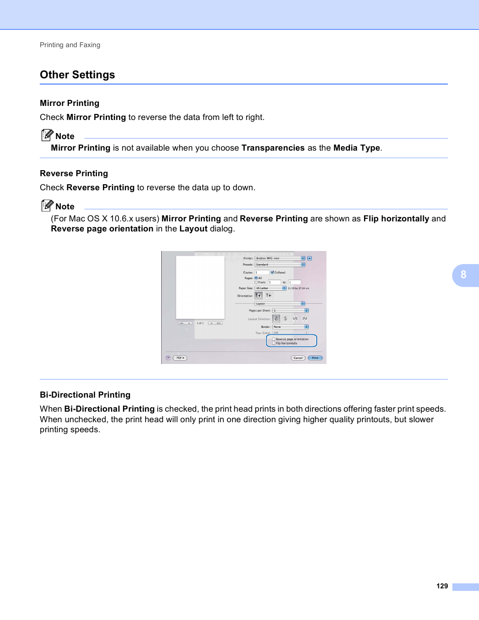 Other settings, 8other settings, Mirror printing | Reverse printing, Bi-directional printing | Brother MFC-J410W User Manual | Page 135 / 205