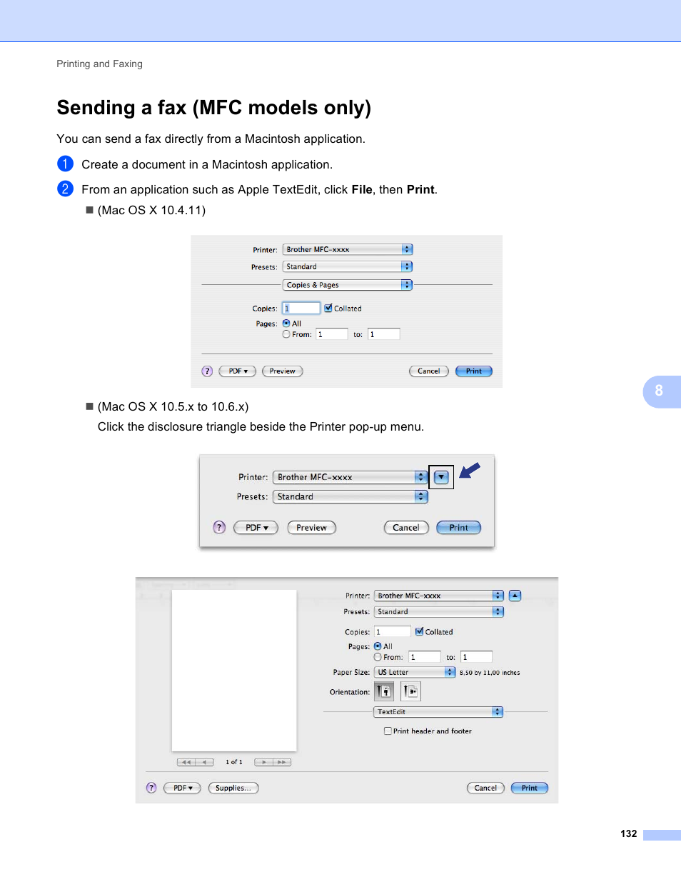 Sending a fax (mfc models only) | Brother MFC-J410W User Manual | Page 138 / 205