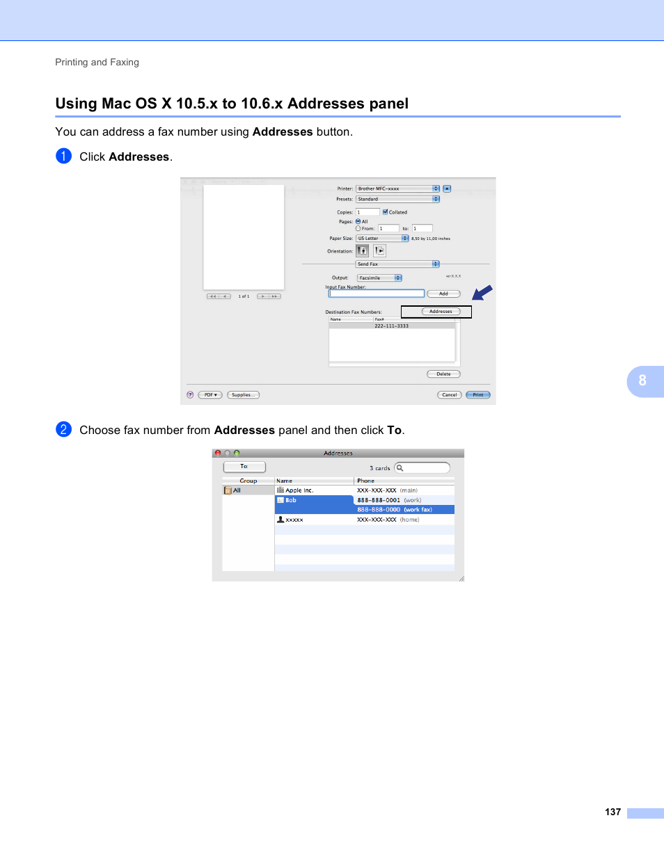 Using mac os x 10.5.x to 10.6.x addresses panel | Brother MFC-J410W User Manual | Page 143 / 205