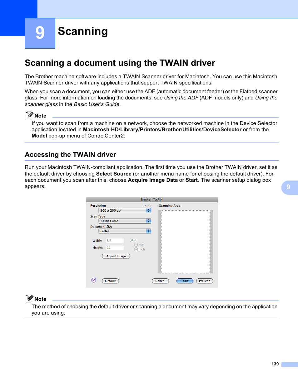 9 scanning, Scanning a document using the twain driver, Accessing the twain driver | Scanning | Brother MFC-J410W User Manual | Page 145 / 205