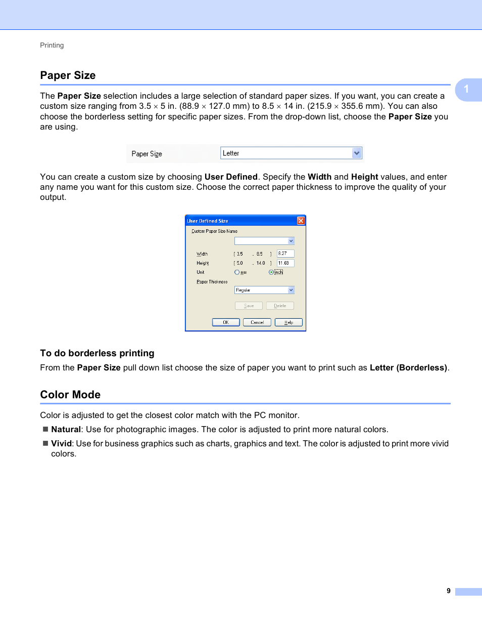 Paper size, To do borderless printing, Color mode | Paper size color mode, 1paper size | Brother MFC-J410W User Manual | Page 15 / 205