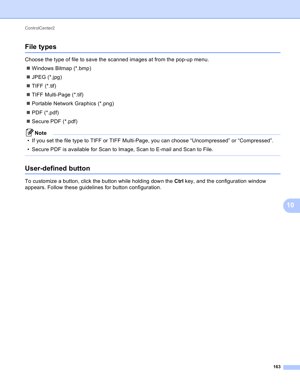 File types, User-defined button, File types user-defined button | 10 file types | Brother MFC-J410W User Manual | Page 169 / 205