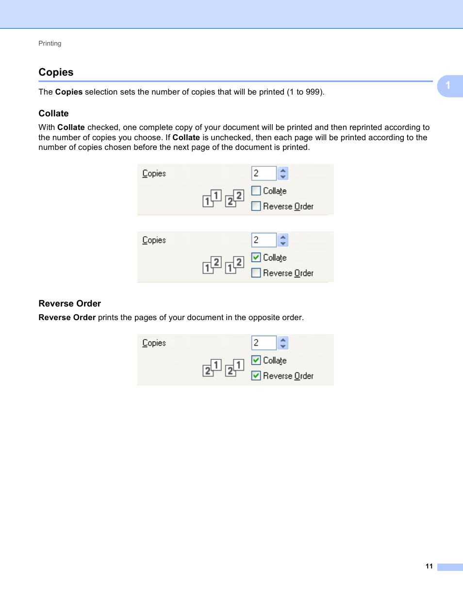 Copies, Collate, Reverse order | 1copies | Brother MFC-J410W User Manual | Page 17 / 205