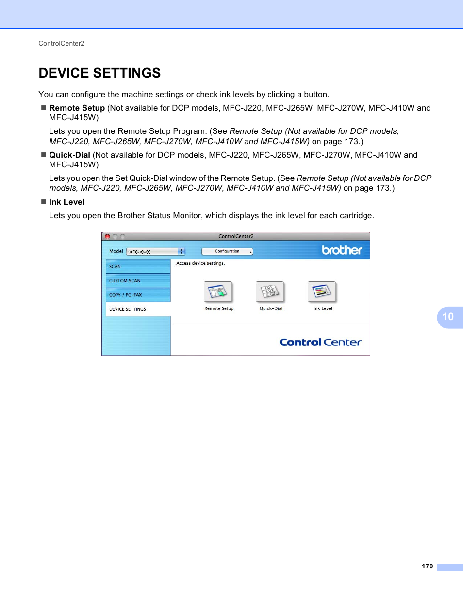 Device settings | Brother MFC-J410W User Manual | Page 176 / 205