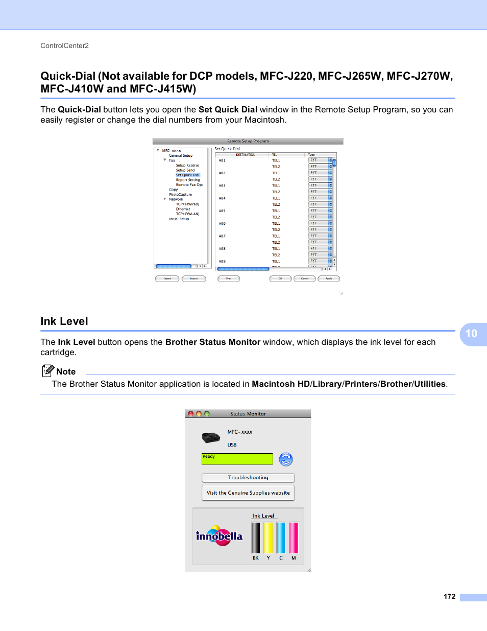 Ink level, Mfc-j410w and mfc-j415w) | Brother MFC-J410W User Manual | Page 178 / 205