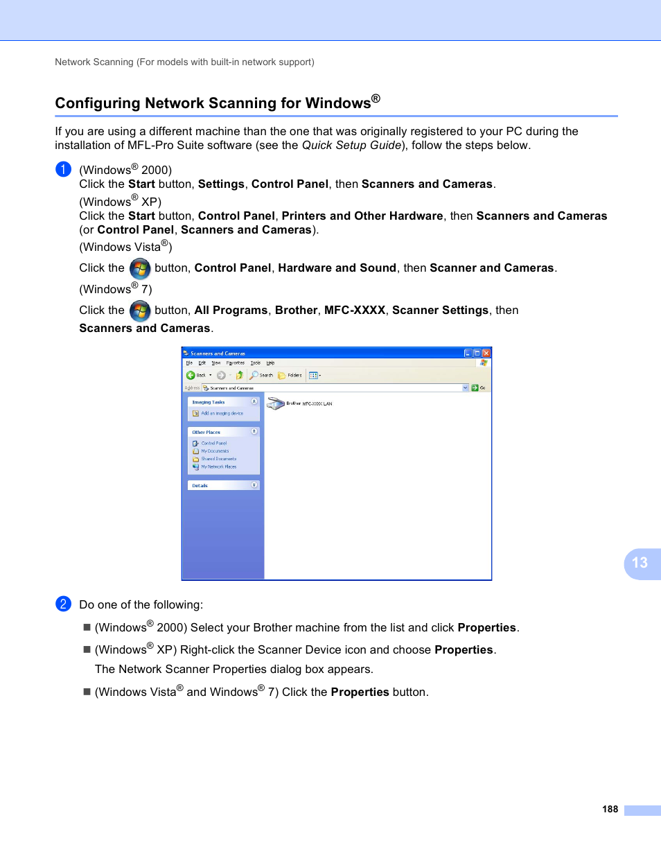 Configuring network scanning for windows, 13 configuring network scanning for windows | Brother MFC-J410W User Manual | Page 194 / 205