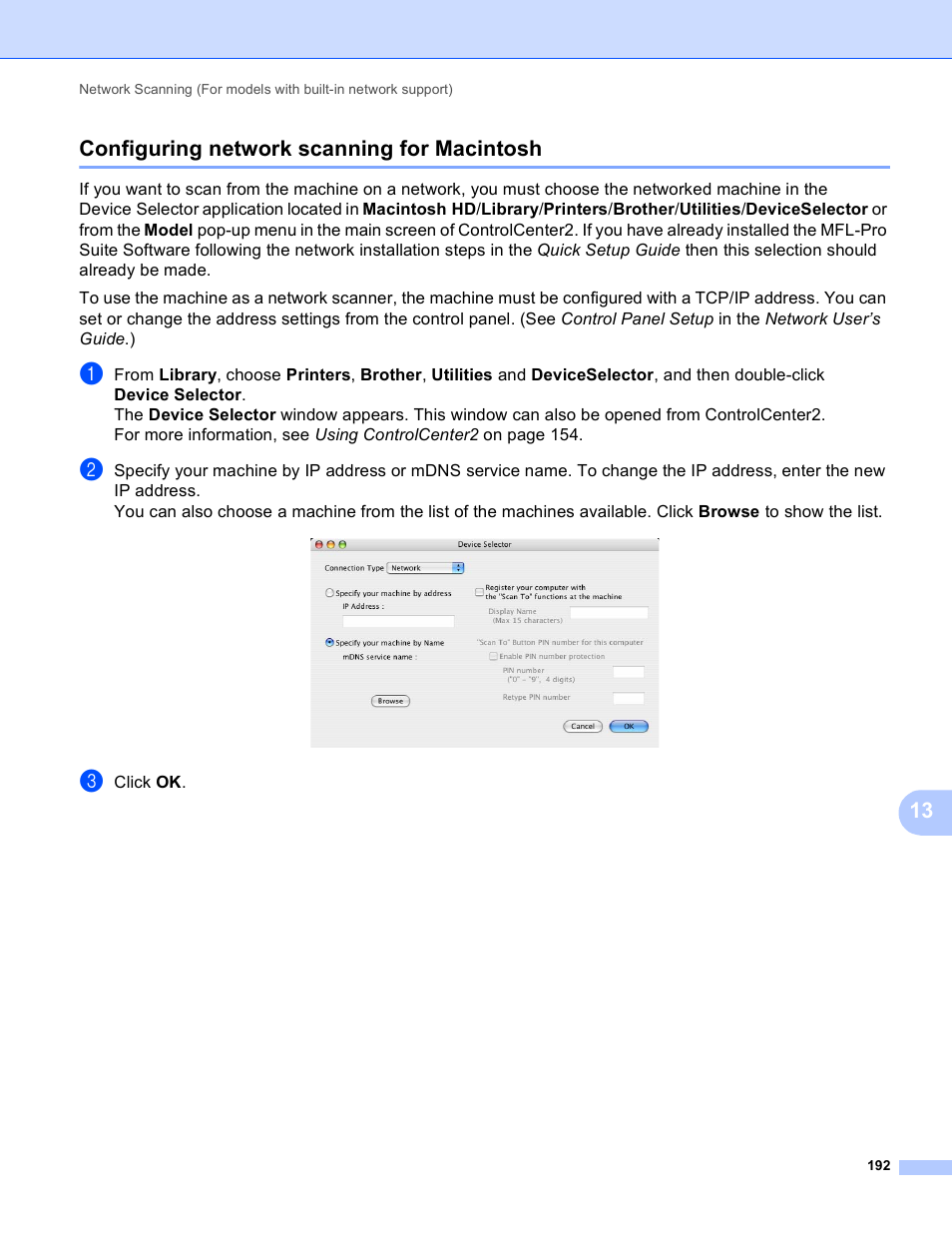 Configuring network scanning for macintosh, 13 configuring network scanning for macintosh | Brother MFC-J410W User Manual | Page 198 / 205