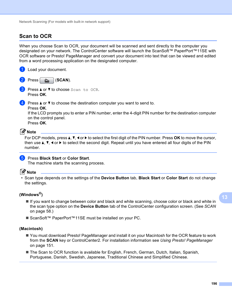 Scan to ocr, 13 scan to ocr | Brother MFC-J410W User Manual | Page 202 / 205