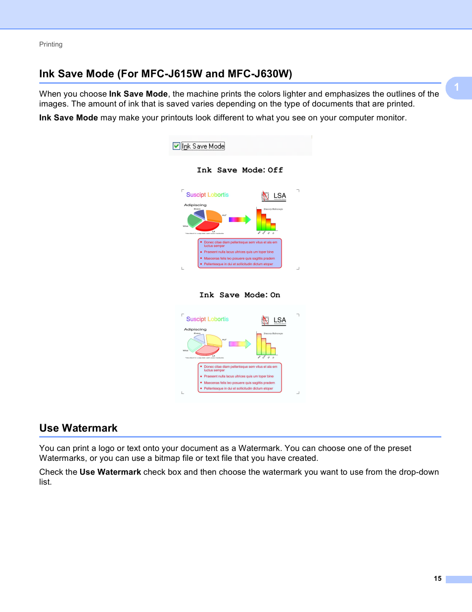 Ink save mode (for mfc-j615w and mfc-j630w), Use watermark, Ink save mode: off | Ink save mode: on | Brother MFC-J410W User Manual | Page 21 / 205