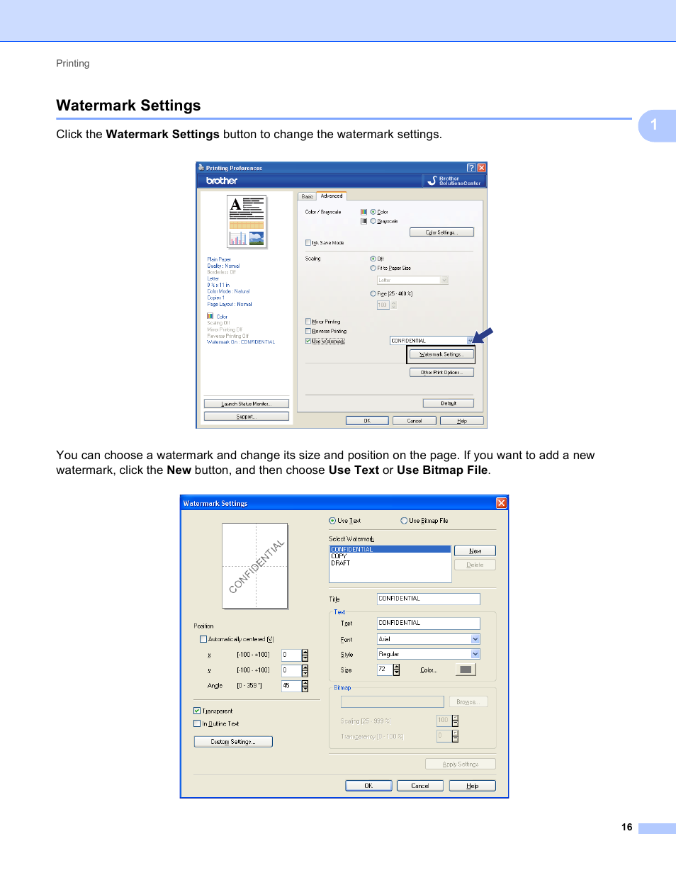 Watermark settings, 1watermark settings | Brother MFC-J410W User Manual | Page 22 / 205