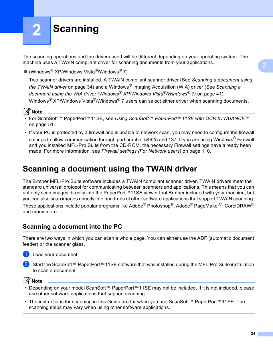 2 scanning, Scanning a document using the twain driver, Scanning a document into the pc | Scanning | Brother MFC-J410W User Manual | Page 40 / 205