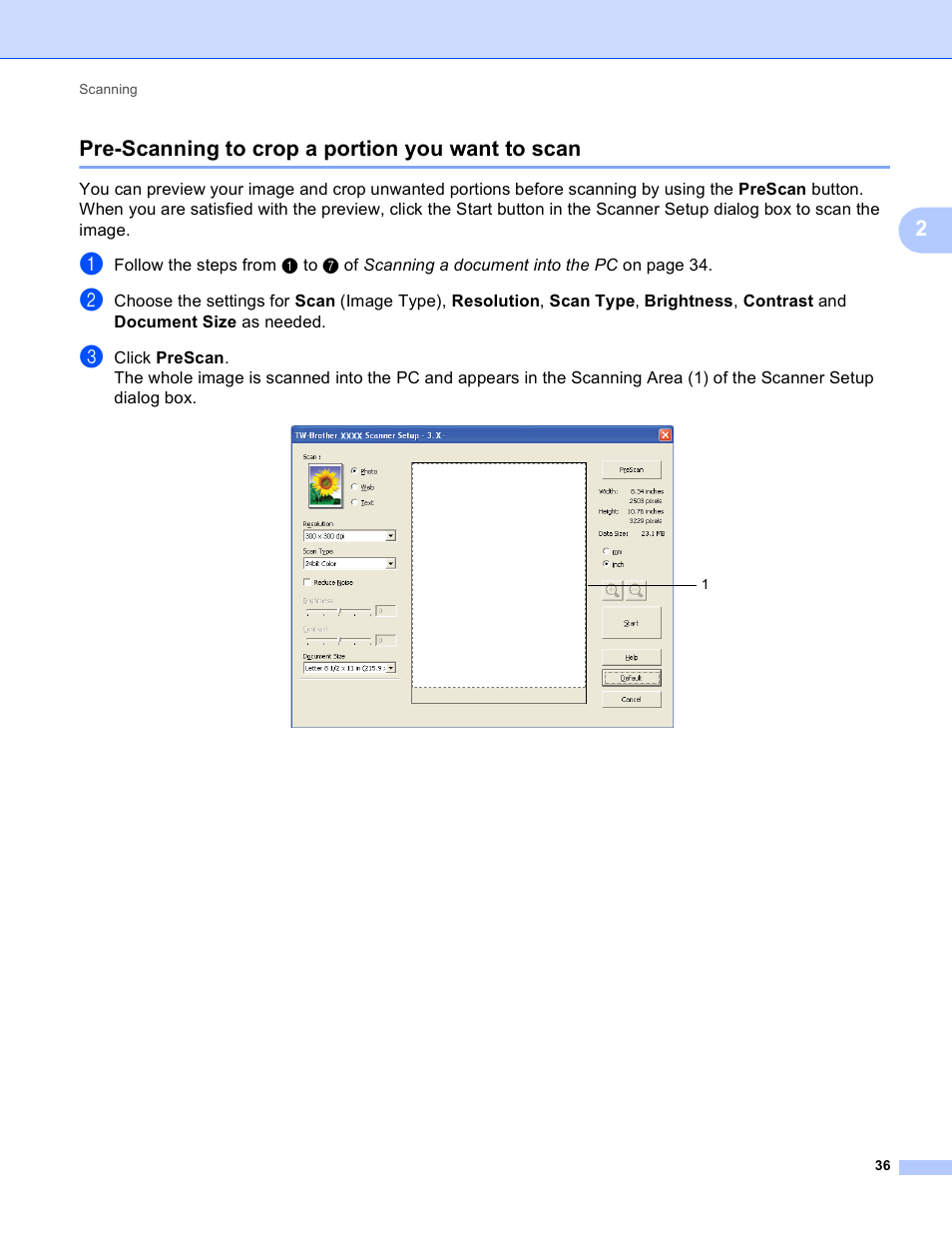 Pre-scanning to crop a portion you want to scan, 2pre-scanning to crop a portion you want to scan | Brother MFC-J410W User Manual | Page 42 / 205