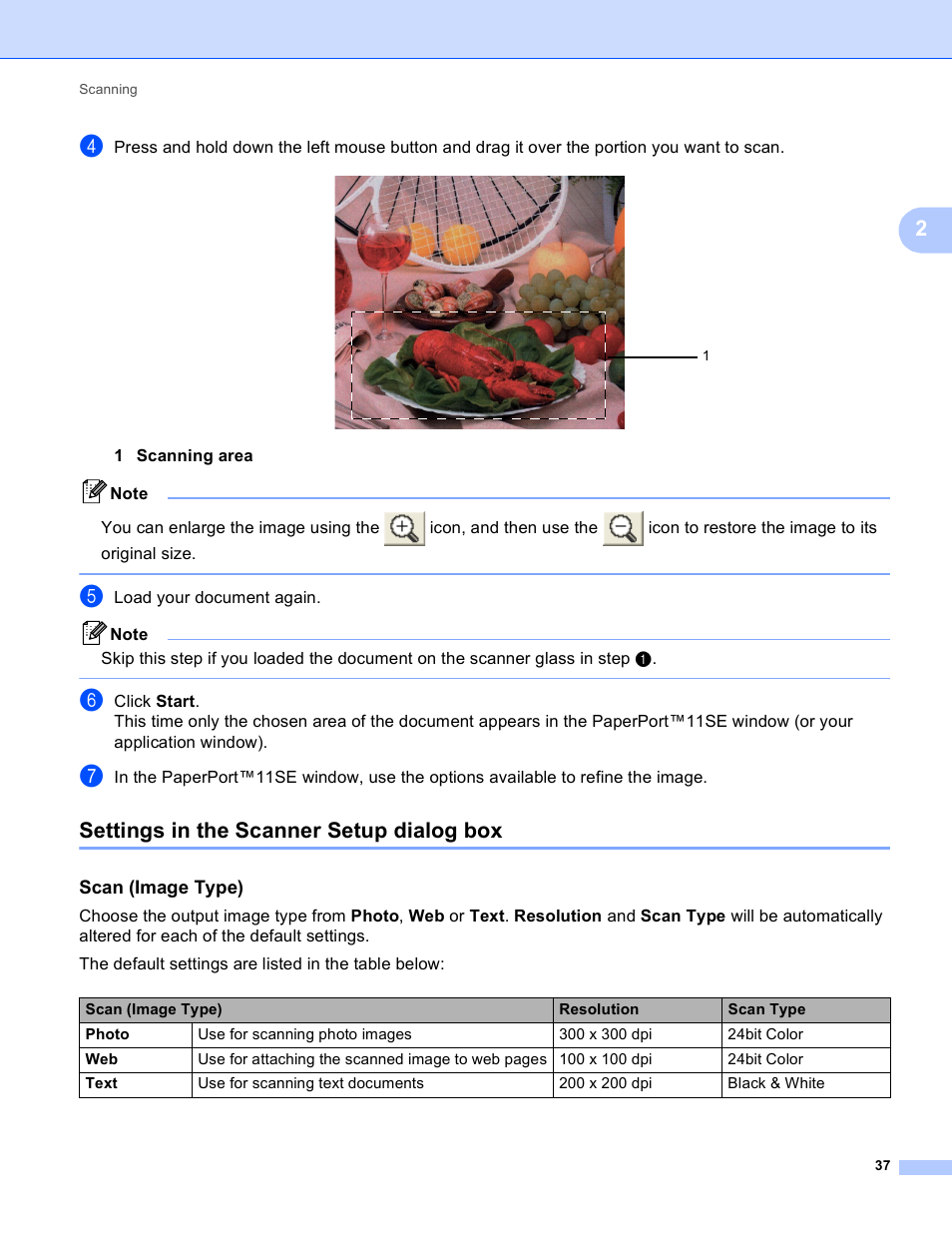 Settings in the scanner setup dialog box, Scan (image type) | Brother MFC-J410W User Manual | Page 43 / 205