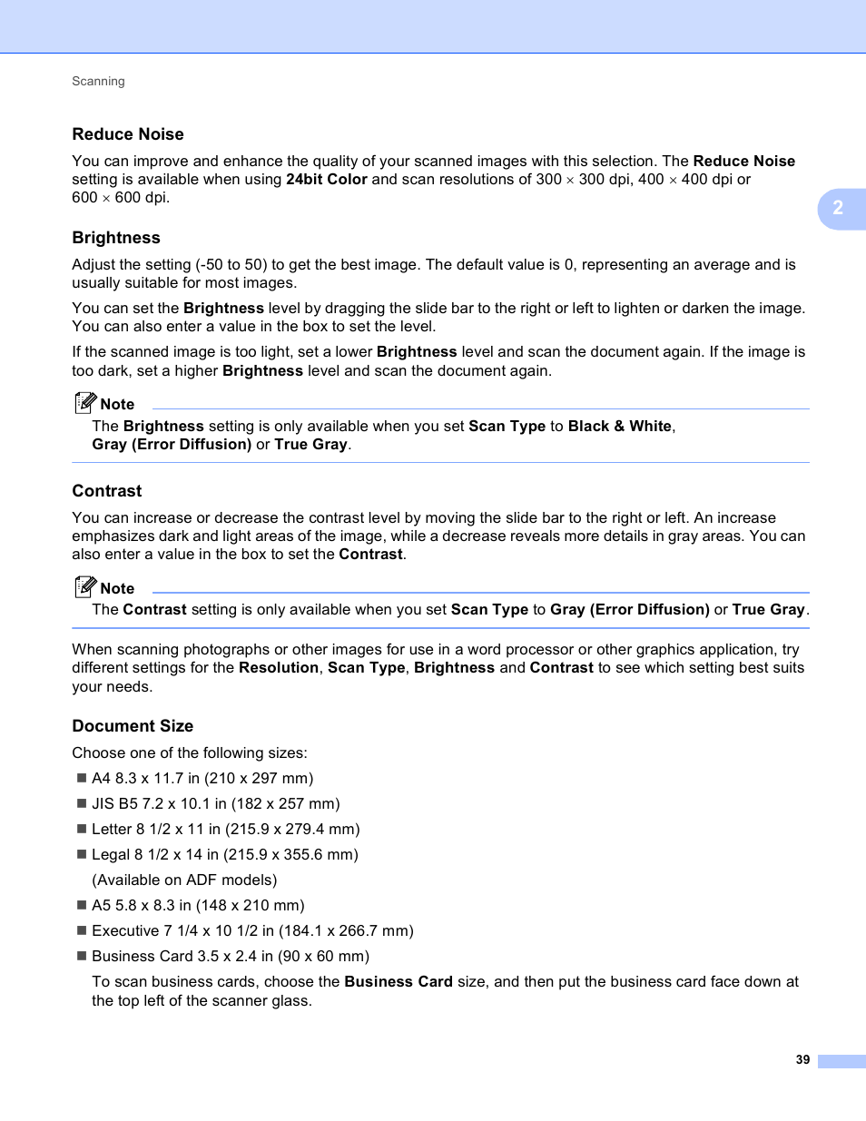 Reduce noise, Brightness, Contrast | Document size | Brother MFC-J410W User Manual | Page 45 / 205