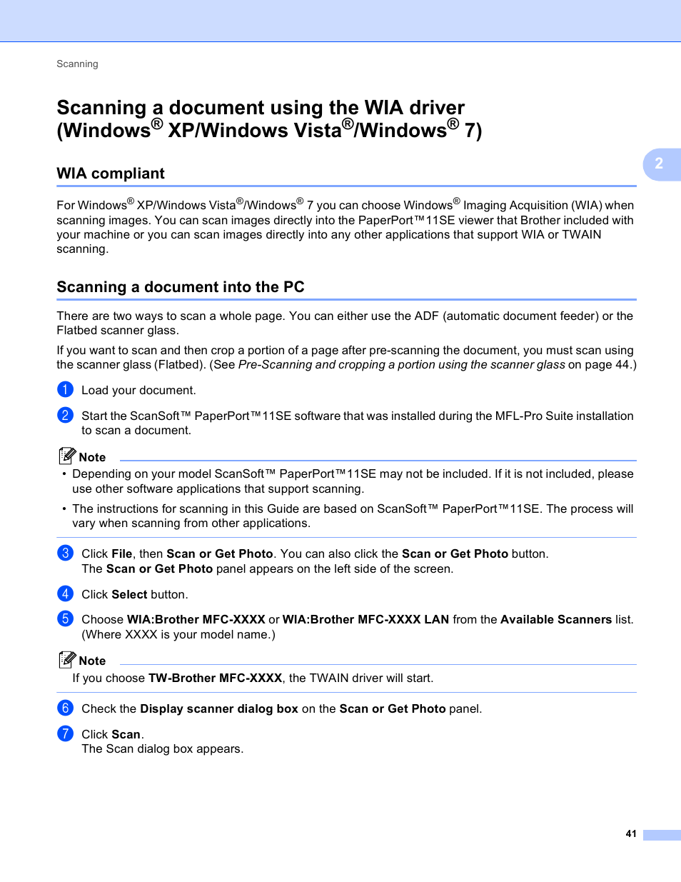 Wia compliant, Scanning a document into the pc, Scanning a document using the wia driver (windows | Xp/windows vista, Windows, Wia compliant scanning a document into the pc, Scanning a, Document using the wia driver (windows | Brother MFC-J410W User Manual | Page 47 / 205