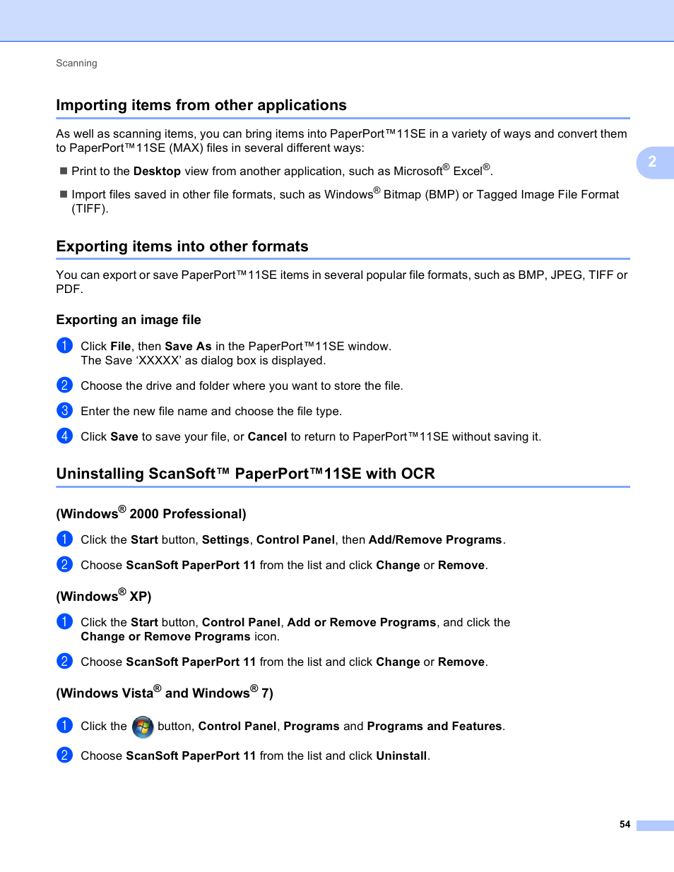 Importing items from other applications, Exporting items into other formats, Exporting an image file | Uninstalling scansoft™ paperport™11se with ocr, Windows® 2000 professional), Windows® xp), Windows vista® and windows® 7), 2importing items from other applications | Brother MFC-J410W User Manual | Page 60 / 205