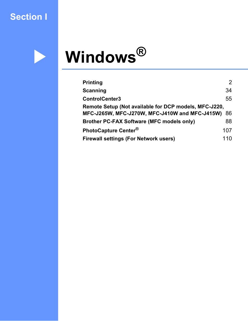 Windows, Section i windows | Brother MFC-J410W User Manual | Page 7 / 205