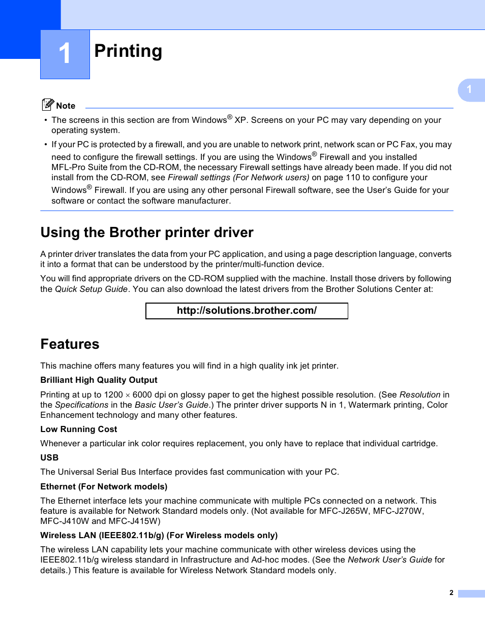 1 printing, Using the brother printer driver, Features | Printing, Using the brother printer driver features | Brother MFC-J410W User Manual | Page 8 / 205
