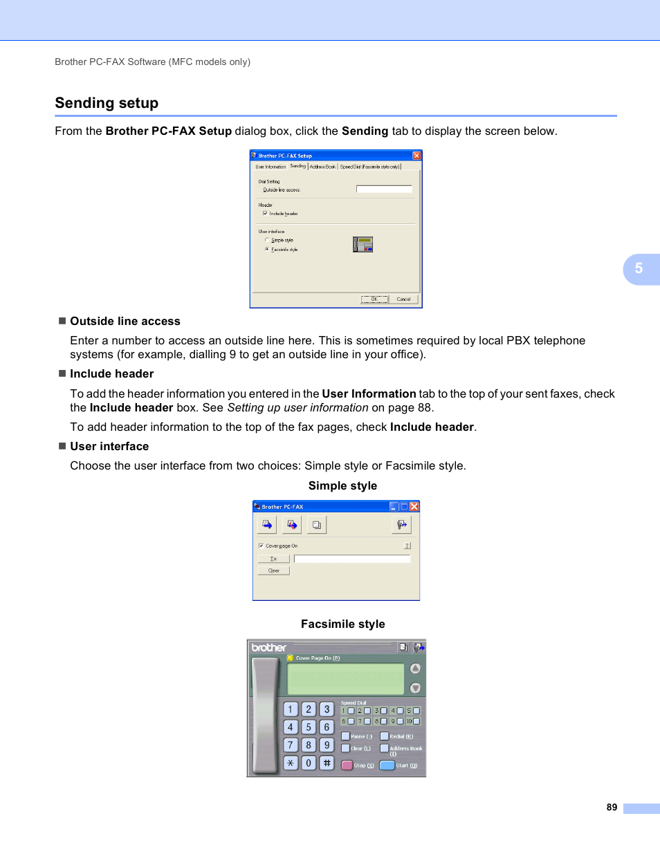 Sending setup, 5sending setup, Facsimile style | Brother MFC-J410W User Manual | Page 95 / 205