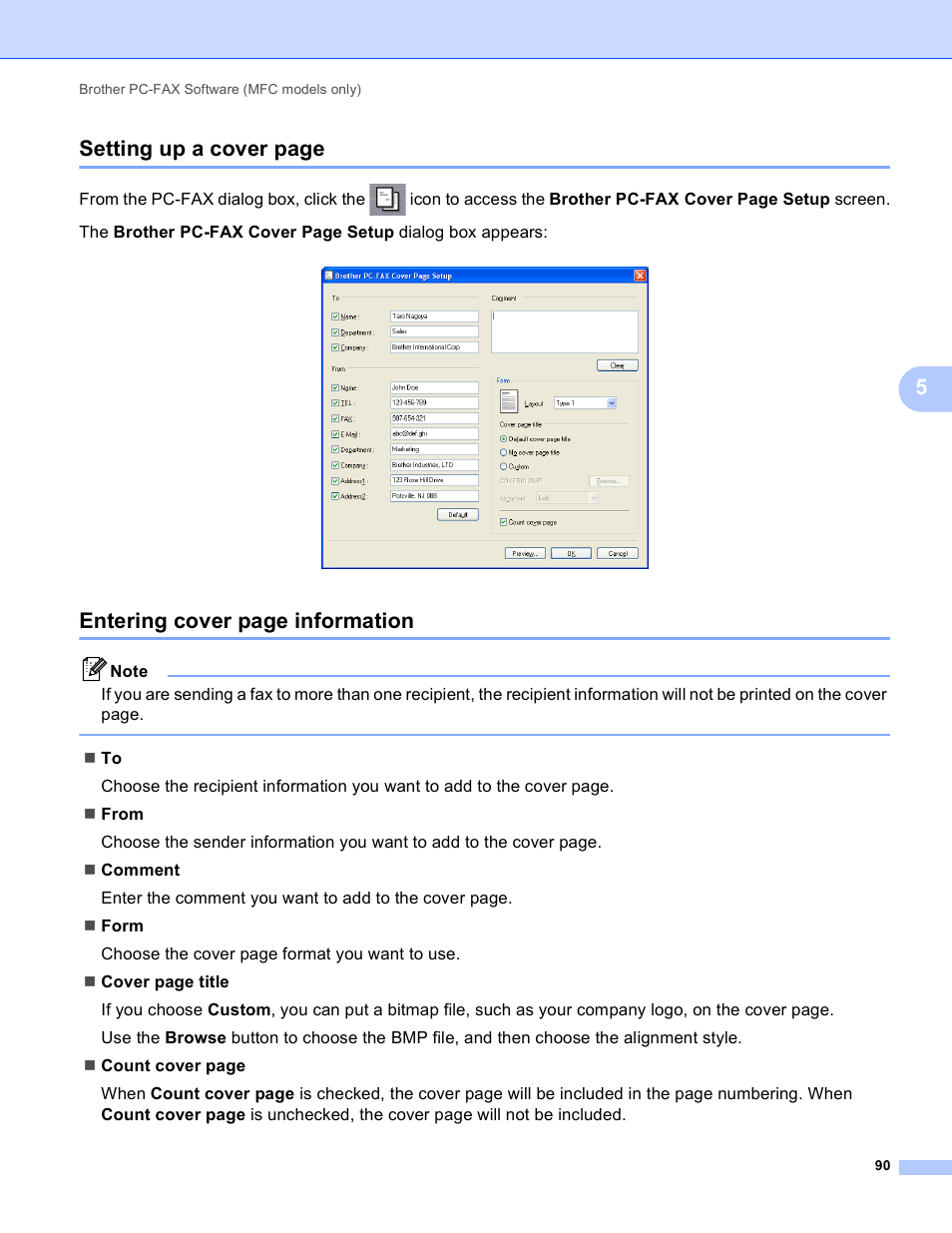 5setting up a cover page, Entering cover page information | Brother MFC-J410W User Manual | Page 96 / 205