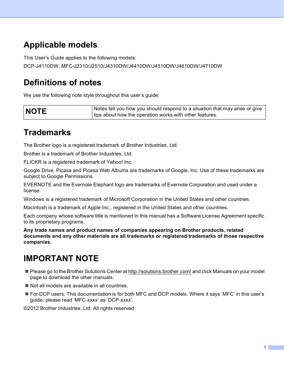 Applicable models, Definitions of notes, Trademarks | Important note | Brother MFC-J4510DW User Manual | Page 2 / 40