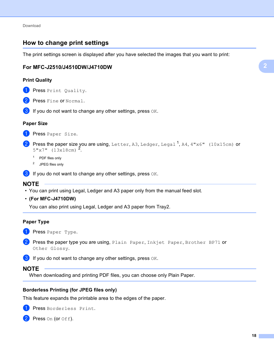 How to change print settings, For mfc-j2510/j4510dw/j4710dw, 2how to change print settings | Brother MFC-J4510DW User Manual | Page 21 / 40