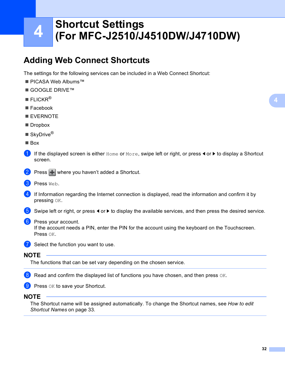Adding web connect shortcuts, Shortcut settings (for mfc-j2510/j4510dw/j4710dw) | Brother MFC-J4510DW User Manual | Page 35 / 40
