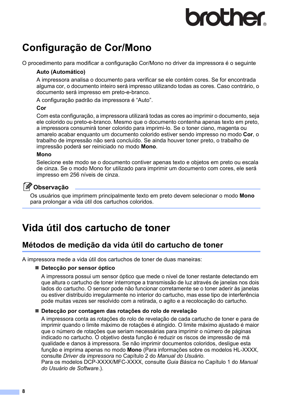 Português brasileiro, Configuração de cor/mono, Vida útil dos cartucho de toner | Brother HL-3045CN User Manual | Page 8 / 11