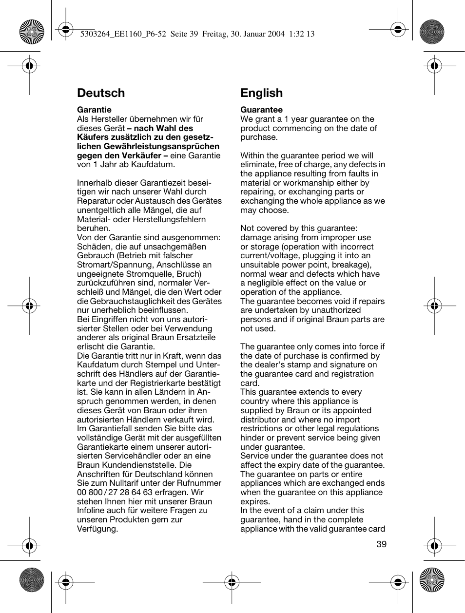 Deutsch, English | Braun EE1160 Silk-épil SuperSoft Plus User Manual | Page 38 / 47