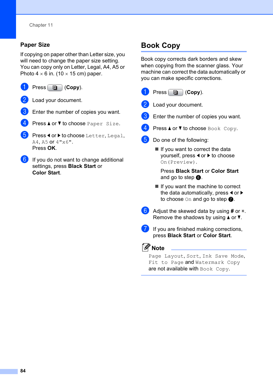 Paper size, Book copy | Brother MFC-495CW User Manual | Page 100 / 224