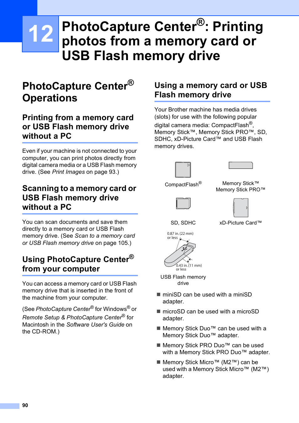 Photocapture center® operations, Using photocapture center® from your computer, Using a memory card or usb flash memory drive | Photocapture center, Printing photos from a memory card or, Usb flash memory drive, Operations, From your computer, Printing photos from, A memory card or usb flash memory drive | Brother MFC-495CW User Manual | Page 106 / 224